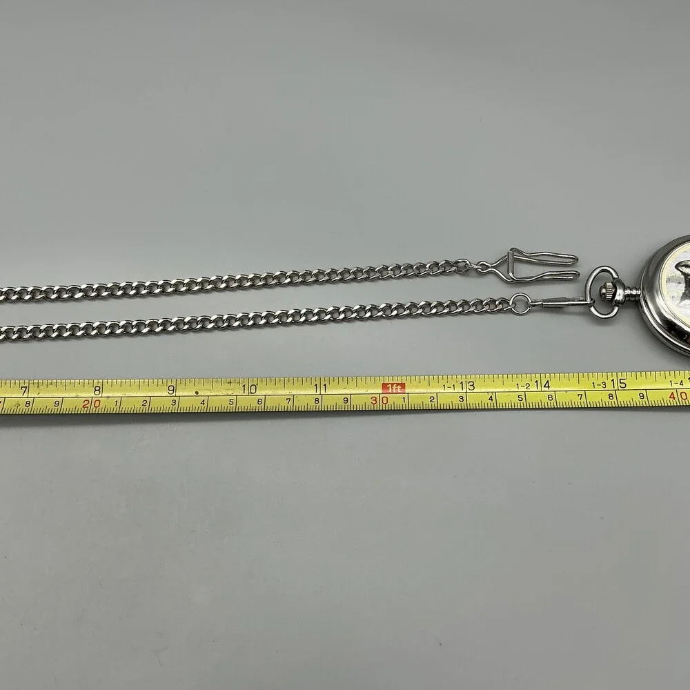 Al Agnew Pocket Watch Men 46mm Silver Tone Wolf Full Hunter Chain New Battery